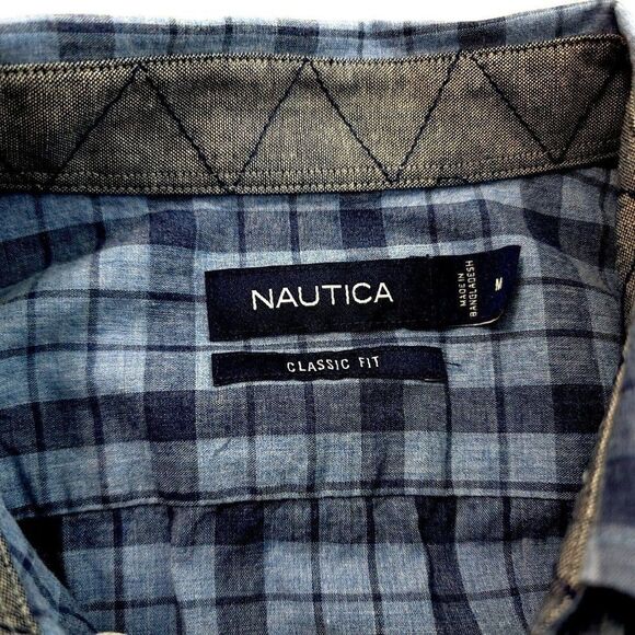 Nautica Classic Fit Medium Blue Plaid Pocket Front Cotton Button Down - Picture 9 of 12